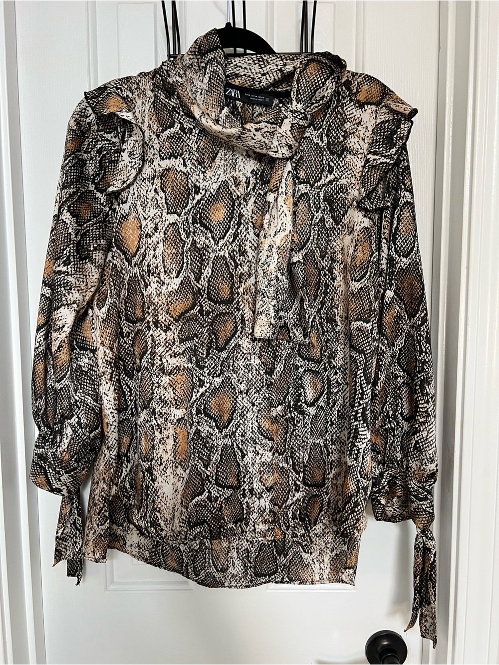 Zara Snake-Print Tie-Neck Blouse in Brown and Black